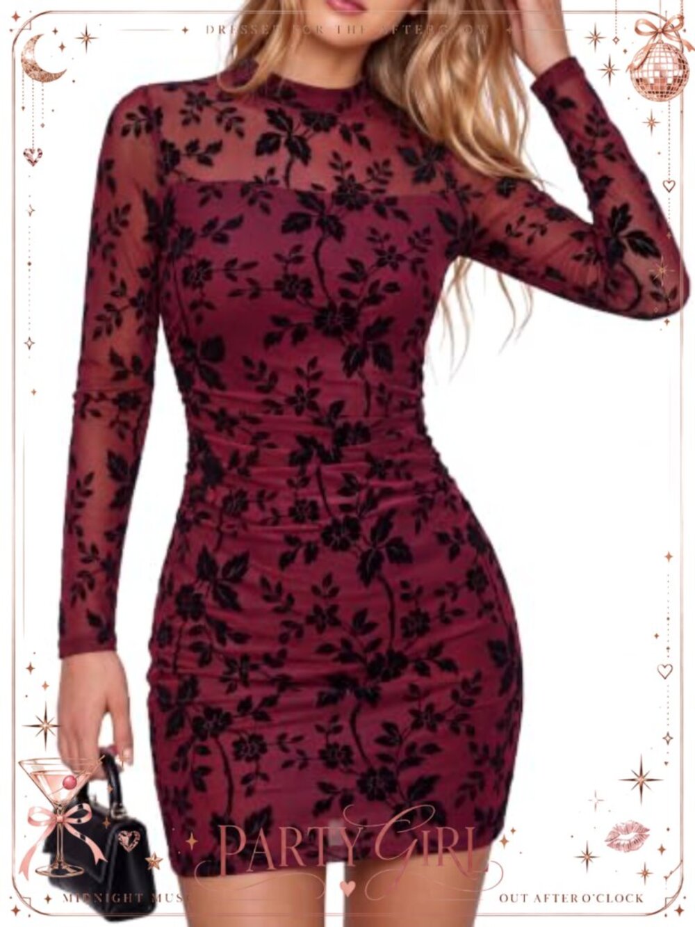 Women's Long Sleeve Floral Mesh Bodycon Mini Cocktail Dress